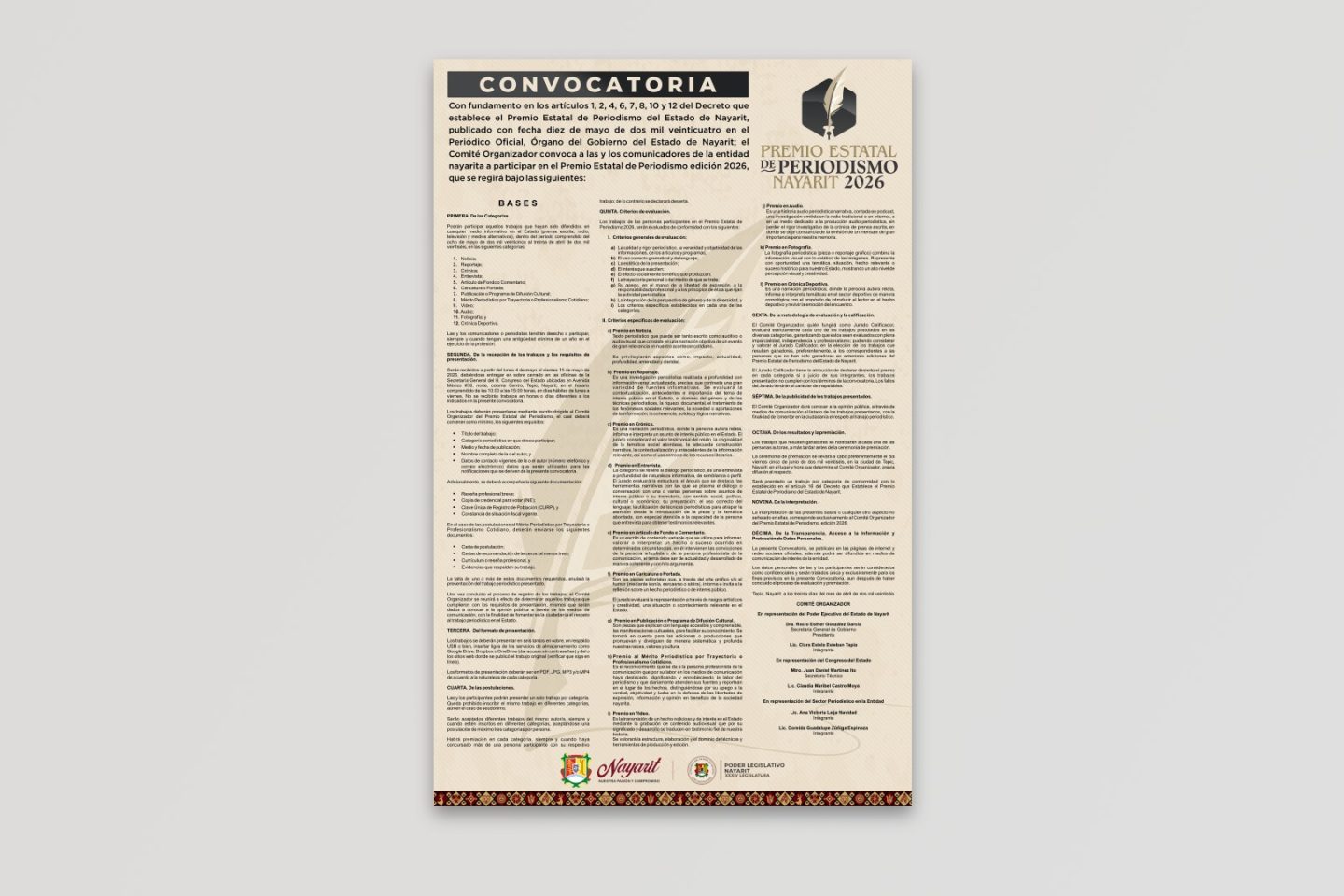 Convoca Comité Organizador al Premio Estatal de Periodismo 2026